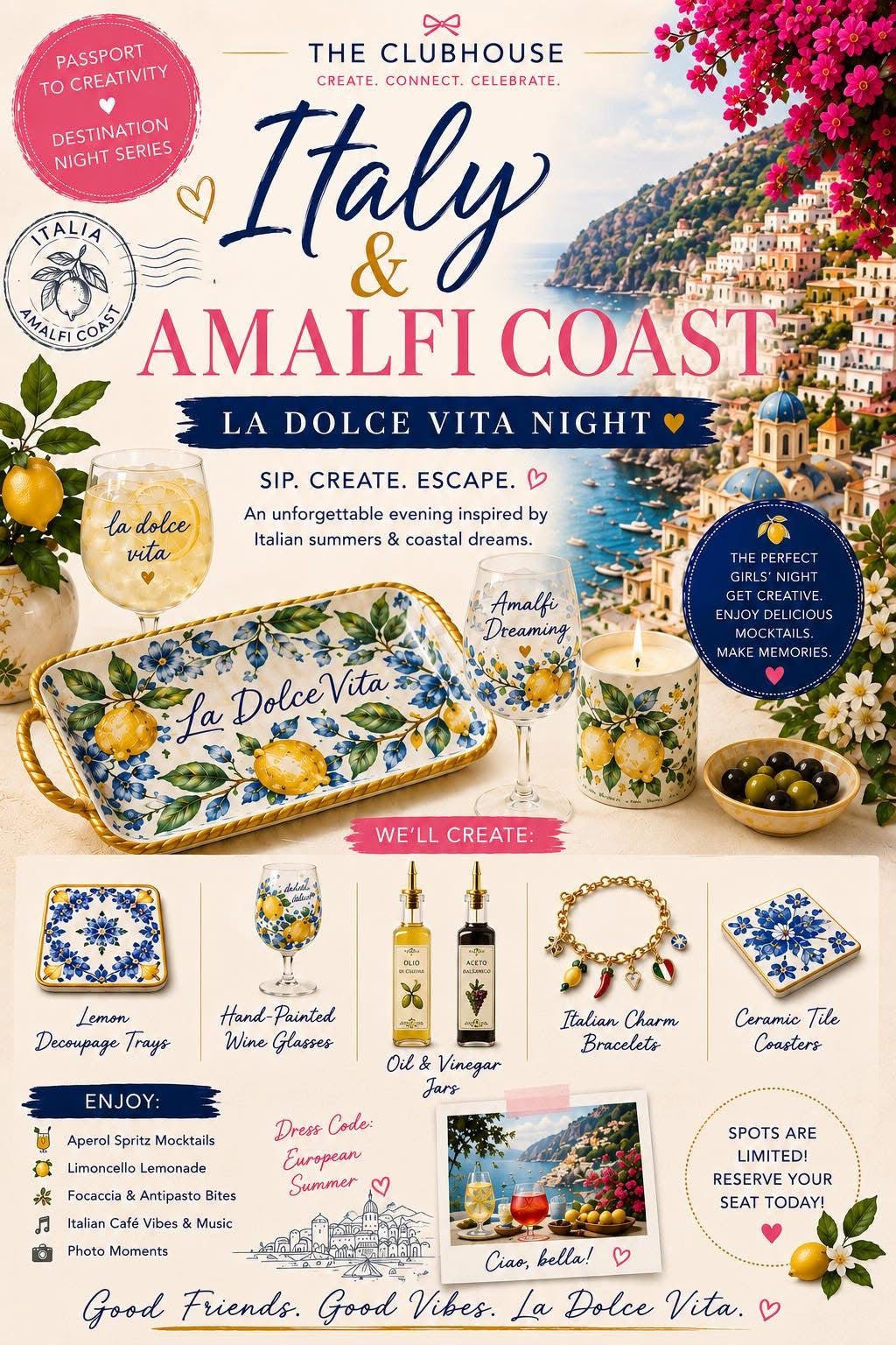 Italy & Amalfi Coast: La Dolce Vita Night ๐ฎ๐น๐ 2nd Date Sunday June 14 4pm-7pm