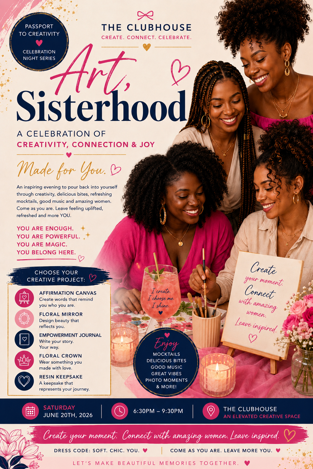 Art, Sisterhood & Connection ✨
A Creative Celebration at The Clubhouse Sat June 20, 6pm-9pm
