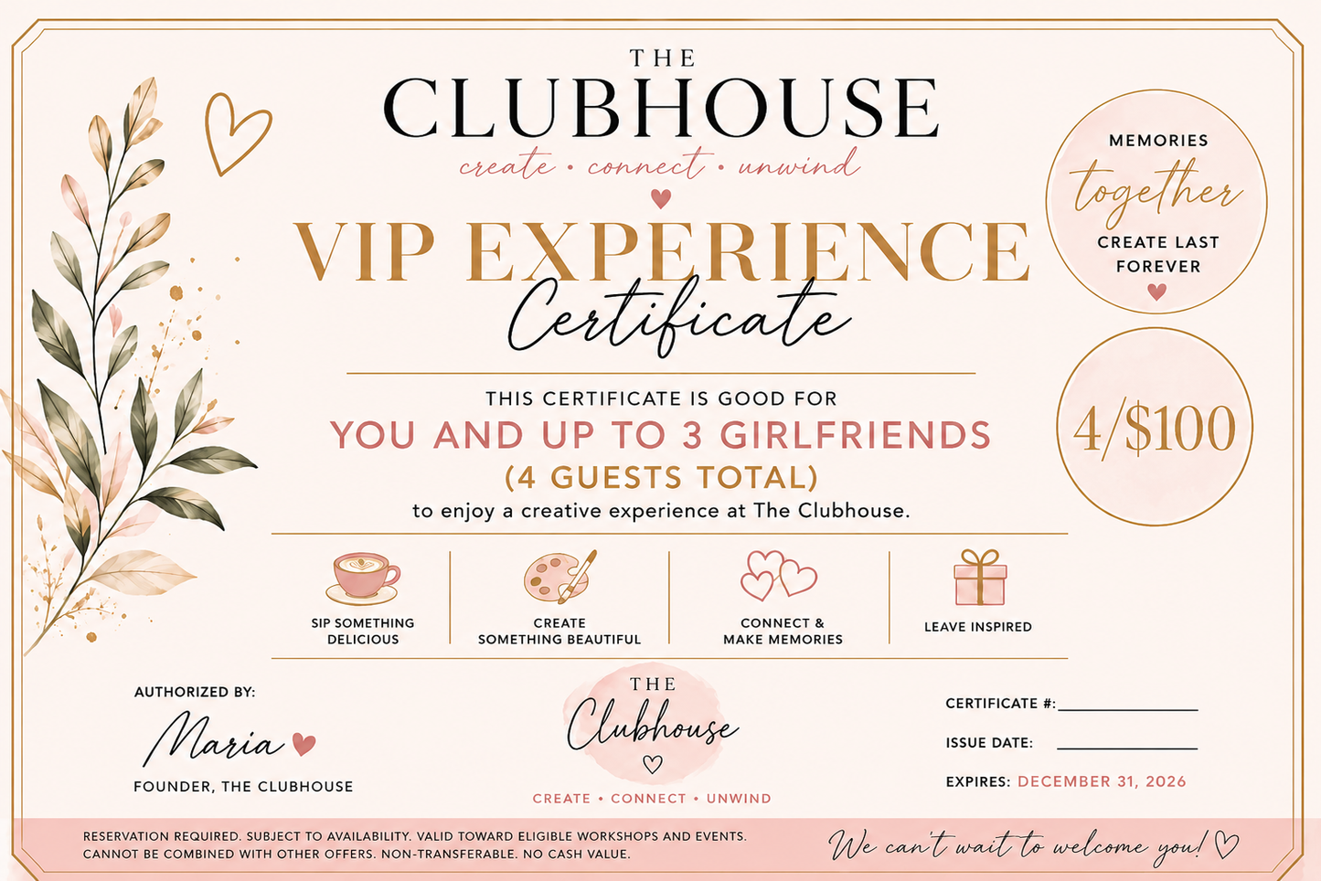 The Clubhouse Creative Experience Pass | 4 Guests for $100
