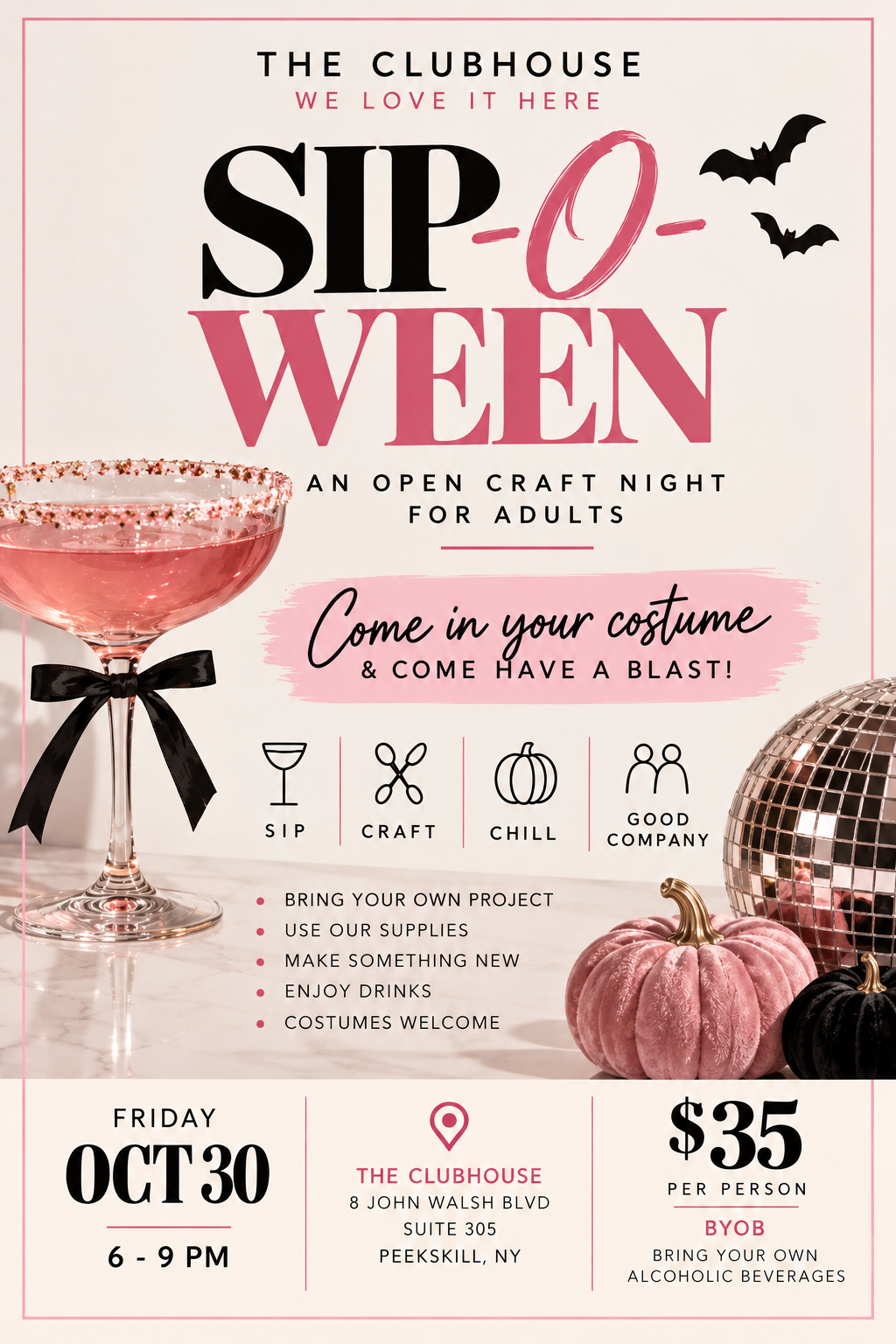 Sip-O-Ween: Halloween Open Craft Night for Adults Friday Oct 30, 6-9